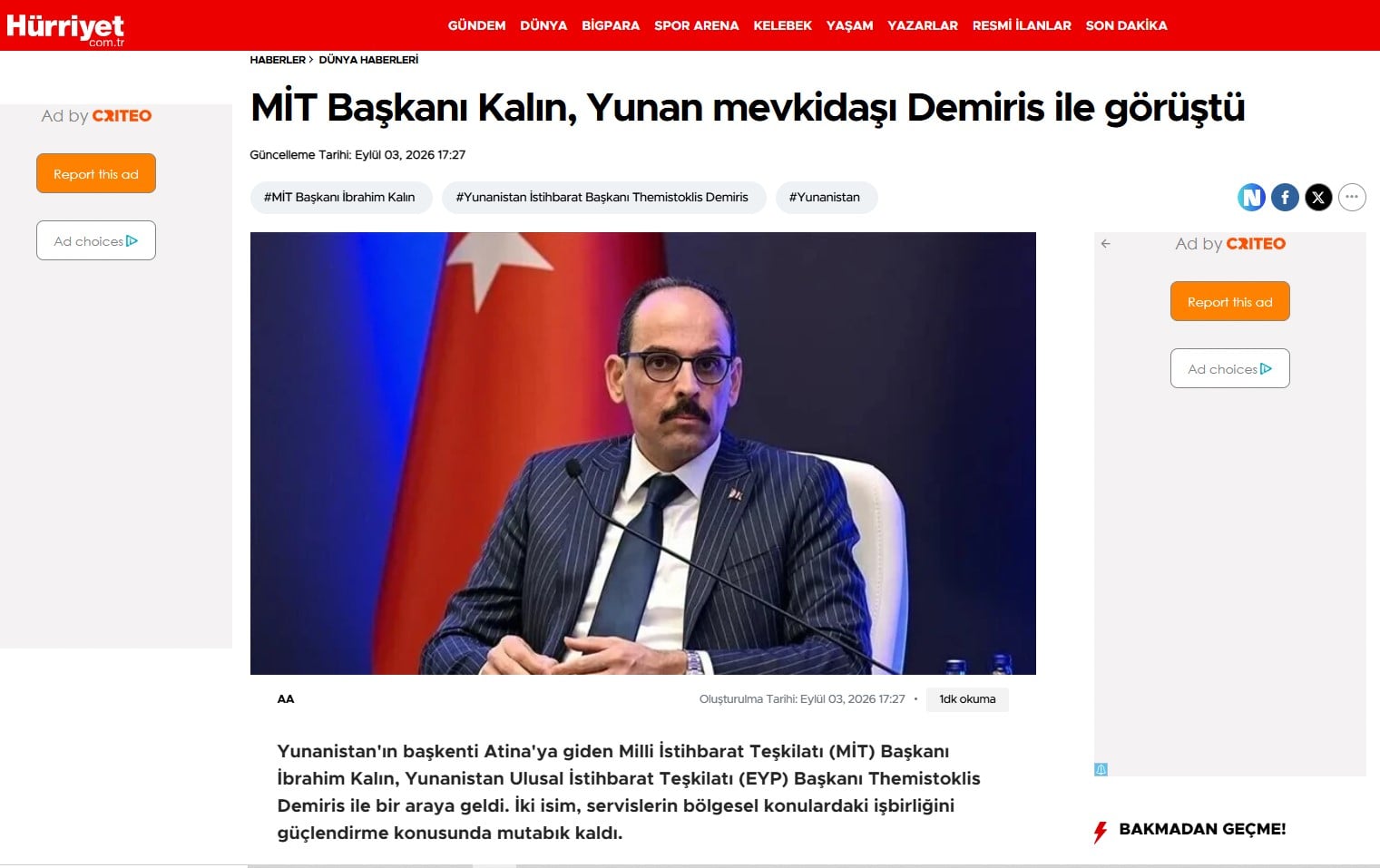 Επιβεβαιώνει ο τουρκικός Τύπος τη συνάντηση Δεμίρη – Καλίν στην Αθήνα