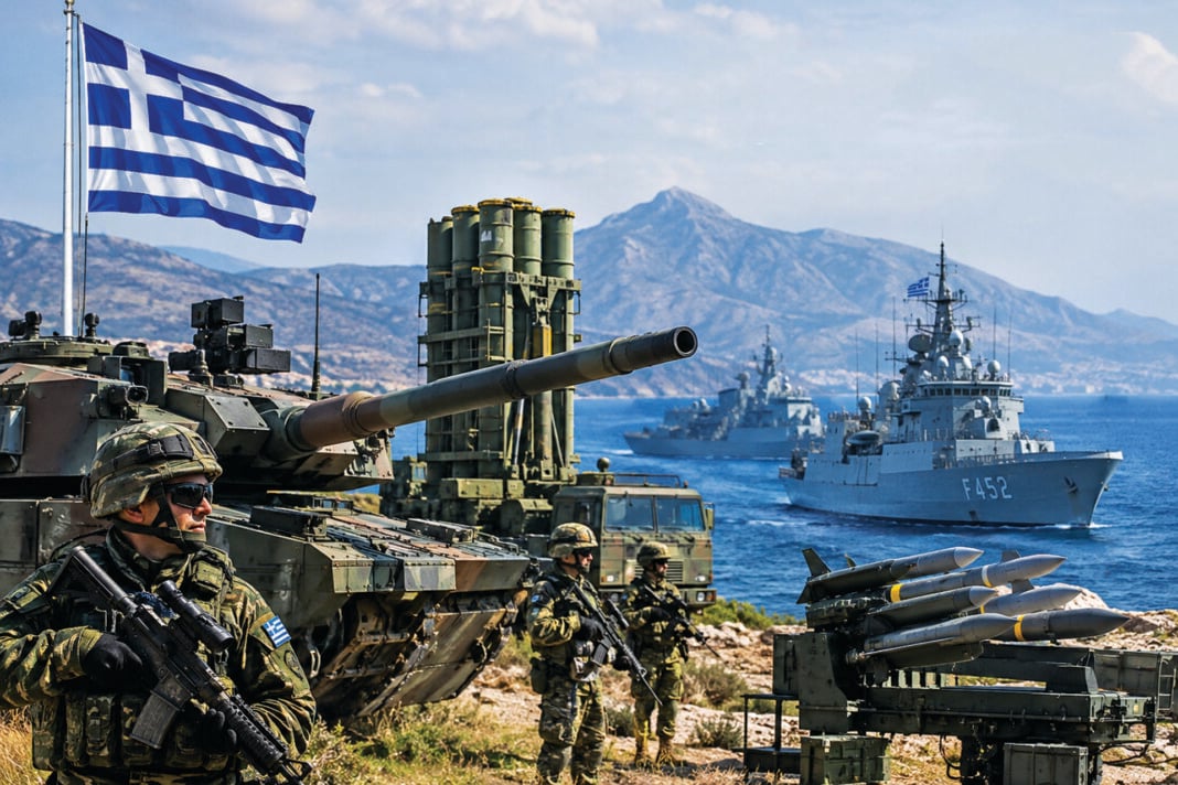 απεικόνιση των ελληνικών Ενόπλων Δυνάμεων, με στρατιώτες, άρμα μάχης, πυραυλικά συστήματα και πολεμικά πλοία στο Αιγαίο, ενώ στο φόντο κυματίζει η ελληνική σημαία απεικόνιση των ελληνικών Ενόπλων Δυνάμεων, με στρατιώτες, άρμα μάχης, πυραυλικά συστήματα και πολεμικά πλοία στο Αιγαίο, ενώ στο φόντο κυματίζει η ελληνική σημαία