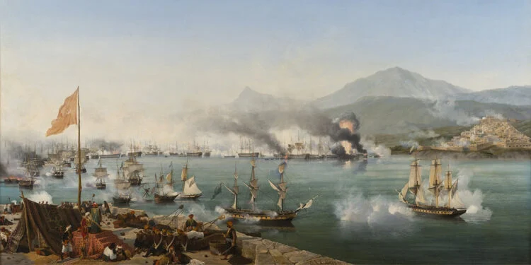 Η ναυμαχία του Ναυαρίνου σε ελαιογραφία του Αμπρουάζ Λουί Γκαρνερέ, έργο του 1827-1830. Οι στόλοι της Βρετανίας, της Γαλλίας και της Ρωσίας κατέστρεψαν τον οθωμανοαιγυπτιακό στόλο στις 20 Οκτωβρίου 1827 (πηγή: Συλλογές Βερσαλλιών / Wikimedia Commons)
