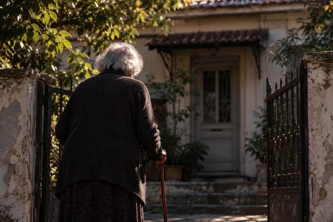 Ηλικιωμένη που κρατάει το μπαστούνι της και κοιτάει το σπίτι της Ηλικιωμένη που κρατάει το μπαστούνι της και κοιτάει το σπίτι της